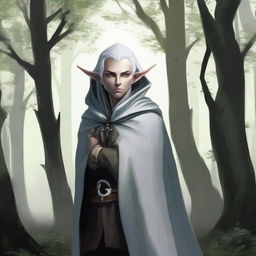 A rogue elf with one of his eyes white, standing in a mysterious forest