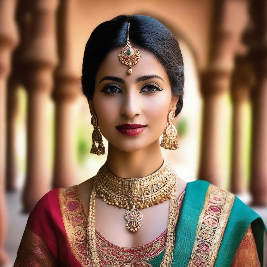 A beautiful Indian woman with traditional attire, adorned with intricate jewelry and a serene expression, set against a vibrant cultural backdrop