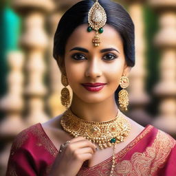 A beautiful Indian woman with traditional attire, adorned with intricate jewelry and a serene expression, set against a vibrant cultural backdrop