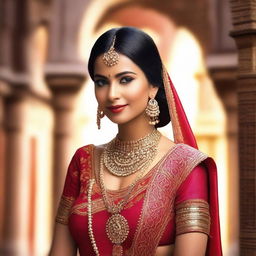 A beautiful Indian woman with traditional attire, adorned with intricate jewelry and a serene expression, set against a vibrant cultural backdrop