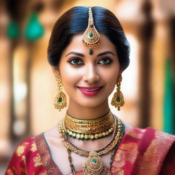 A beautiful Indian woman with traditional attire, adorned with intricate jewelry and a serene expression, set against a vibrant cultural backdrop