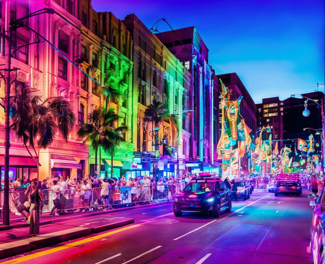 A vibrant inner-city artwork of a streetscape celebrating Gay Pride week with neon lighting, vibrant colors, intricate details, and a raucous, energetic mood