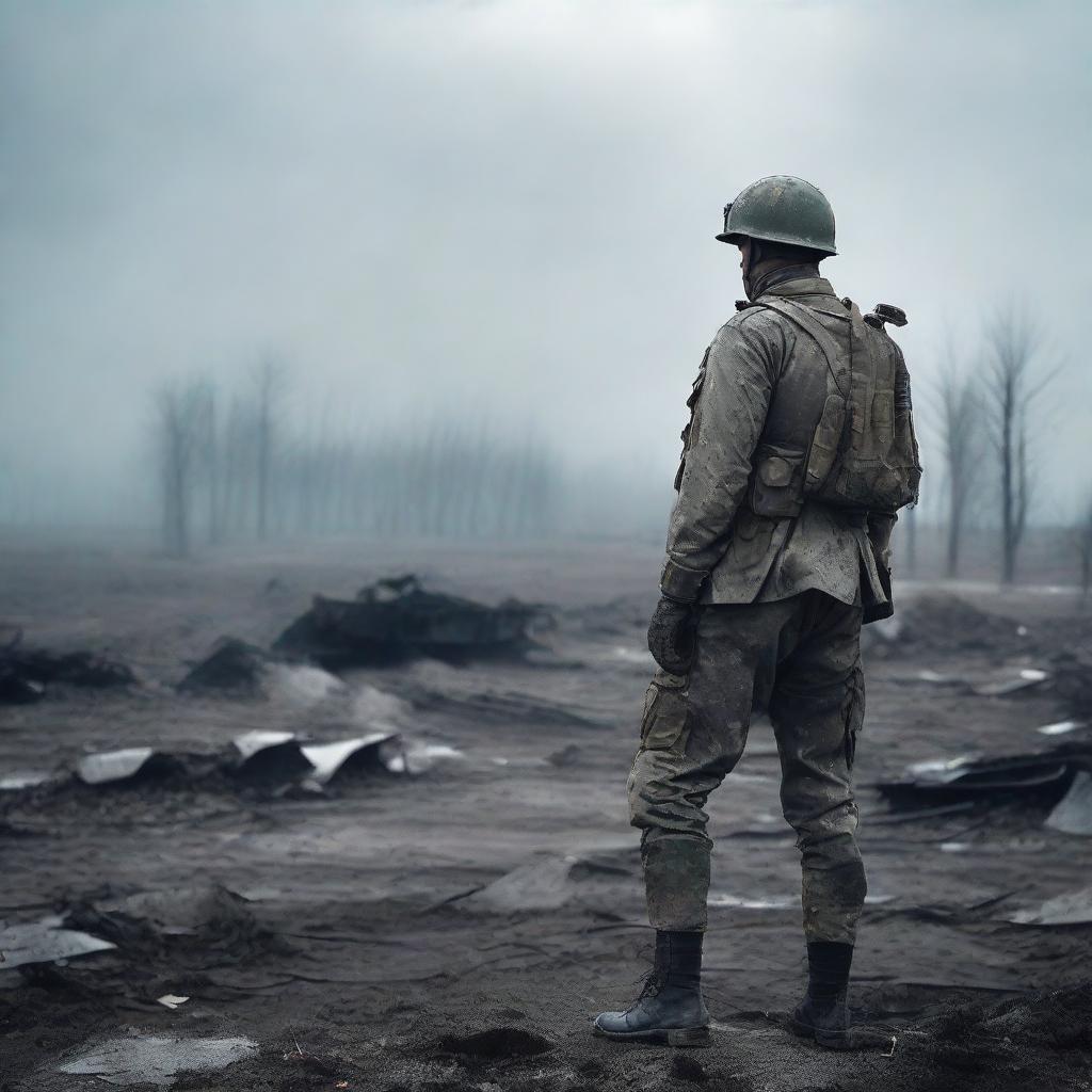 A World War soldier standing alone in the middle of a battlefield, surrounded by the remnants of war