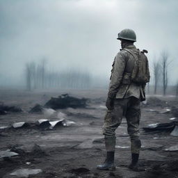 A World War soldier standing alone in the middle of a battlefield, surrounded by the remnants of war