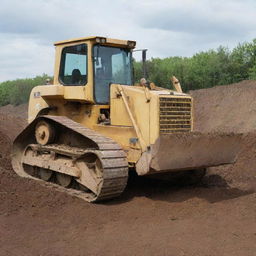 A powerful, industrial bulldozer in action, its large metal blade pushing through a mound of earth in a construction site.