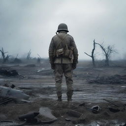 A World War soldier standing alone in the middle of a battlefield, surrounded by the remnants of war