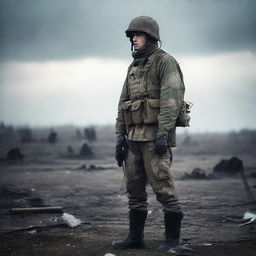 A World War soldier standing alone in the middle of a battlefield, surrounded by the remnants of war