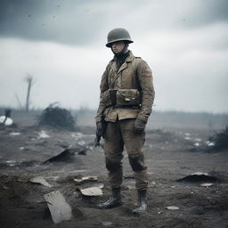 A World War soldier standing alone in the middle of a battlefield, surrounded by the remnants of war