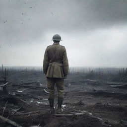 A World War One soldier standing alone in the middle of a battlefield, surrounded by the remnants of war