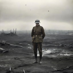 A World War One soldier standing alone in the middle of a battlefield, surrounded by the remnants of war