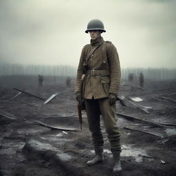 A World War One soldier standing alone in the middle of a battlefield, surrounded by the remnants of war