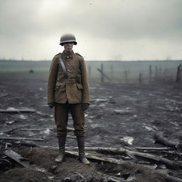 A World War One soldier standing alone in the middle of a battlefield, surrounded by the remnants of war