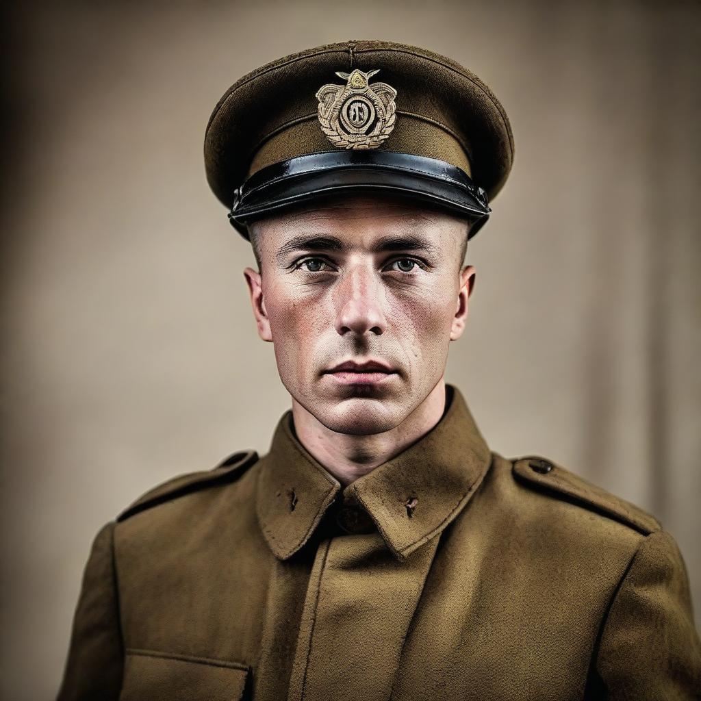 A World War One soldier standing at attention, dressed in period-appropriate military uniform