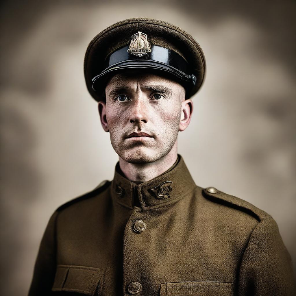 A World War One soldier standing at attention, dressed in period-appropriate military uniform