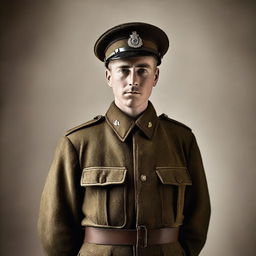 A World War One soldier standing at attention, dressed in period-appropriate military uniform