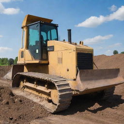 A powerful, industrial bulldozer in action, its large metal blade pushing through a mound of earth in a construction site.