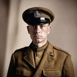 A World War One soldier standing at attention, dressed in period-appropriate military uniform