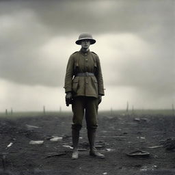 A World War One soldier standing on the battlefield, surrounded by the remnants of war