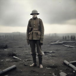 A World War One soldier standing on the battlefield, surrounded by the remnants of war