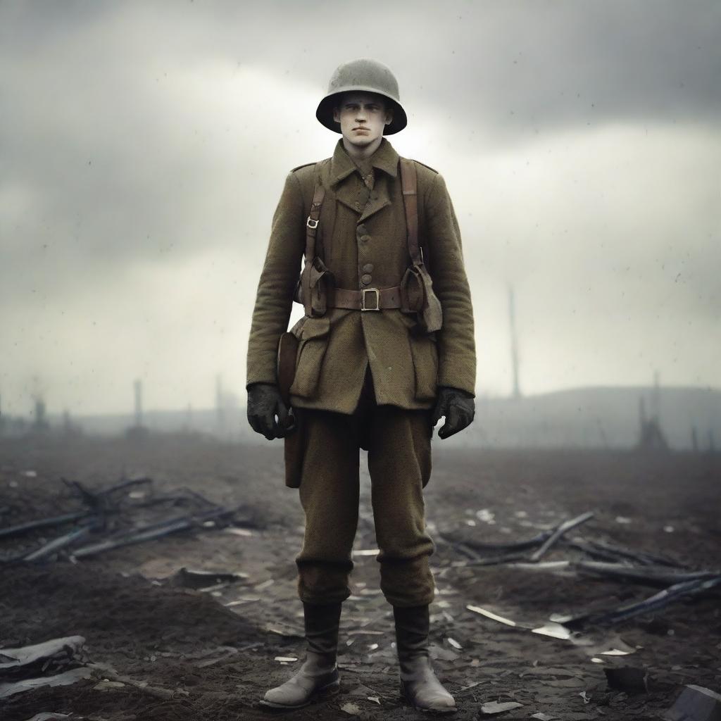 A World War One soldier standing on the battlefield, surrounded by the remnants of war