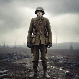 A World War One soldier standing on the battlefield, surrounded by the remnants of war