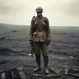 A World War One soldier standing on the battlefield, surrounded by the remnants of war