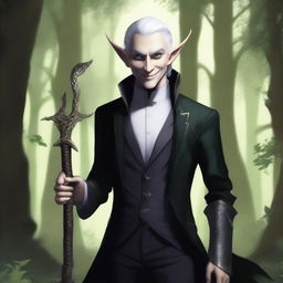 A rogue elf with one of his eyes white, wearing a black suit, holding a dagger, and smiling