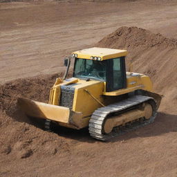 A powerful, industrial bulldozer in action, its large metal blade pushing through a mound of earth in a construction site.