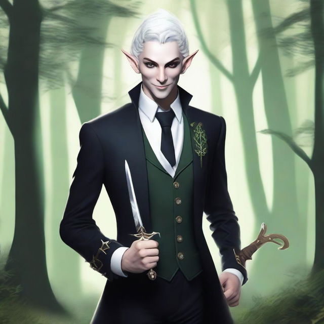 A rogue elf with one of his eyes white, wearing a black suit, holding a dagger, and smiling