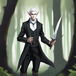 A rogue elf with one of his eyes white, wearing a black suit, holding a dagger, and smiling