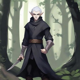 A rogue elf with one of his eyes white, wearing a black tunic, holding a dagger, and smiling