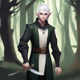 A rogue elf with one of his eyes white, wearing a black tunic, holding a dagger, and smiling