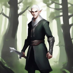 A rogue elf with one of his eyes white, wearing a black tunic, holding a dagger, and smiling