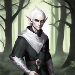 A rogue elf with one of his eyes white, wearing a black tunic, holding a dagger, and smiling