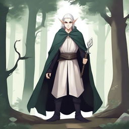 A rogue elf with one of his eyes white, wearing a black tunic and a cloak, holding a dagger, and smiling