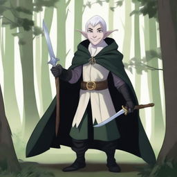 A rogue elf with one of his eyes white, wearing a black tunic and a cloak, holding a dagger, and smiling