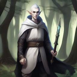 A rogue elf with one of his eyes white, wearing a black tunic and a cloak, holding a dagger, and smiling