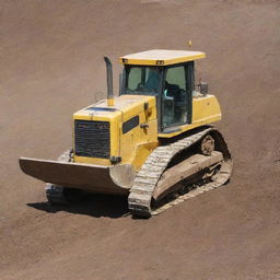 A powerful, industrial bulldozer in action, its large metal blade pushing through a mound of earth in a construction site.