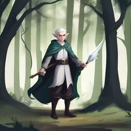 A rogue elf with one of his eyes white, wearing a black tunic and a cloak, holding a dagger, and smiling