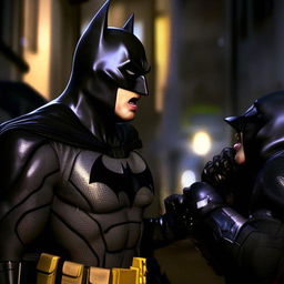 A fierce duel between an angry Batman and his mirror reflection, both wearing their iconic costumes, fighting in the shadowy Gotham City streets.