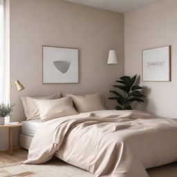 Create a minimalistic bedroom scene in beige tones, featuring a bed with beige sheets and pillows in the corner of the room