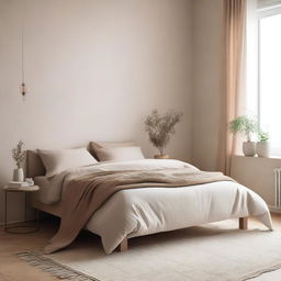 Create a minimalistic bedroom scene in beige tones, featuring a bed with beige sheets and pillows in the corner of the room