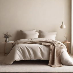 Create a minimalistic bedroom scene in beige tones, featuring a bed with beige sheets and pillows in the corner of the room