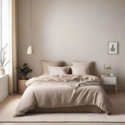 Create a minimalistic bedroom scene in beige tones, featuring a bed with beige sheets and pillows in the corner of the room