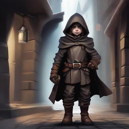 A young male halfling lightfoot rogue, dressed in dark leather armor with a hooded cloak