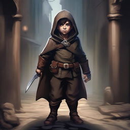 A young male halfling lightfoot rogue, dressed in dark leather armor with a hooded cloak