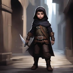 A young male halfling lightfoot rogue, dressed in dark leather armor with a hooded cloak