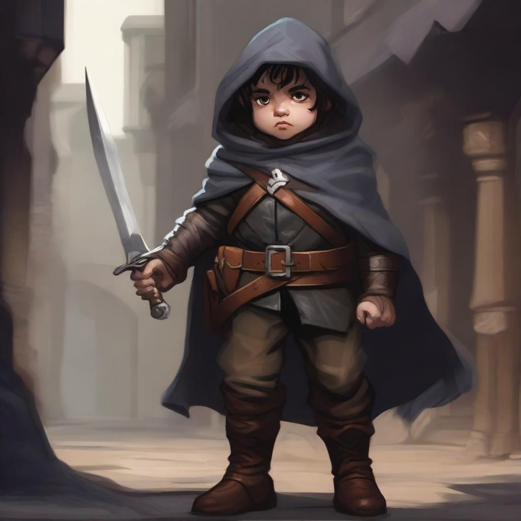 A young male halfling lightfoot rogue, dressed in dark leather armor with a hooded cloak