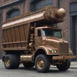 A dump truck reimagined in a steampunk aesthetic, adorned with brass fittings, intricate gears, steam-belching stacks, and an ornate Victorian touch to its industrial structure.