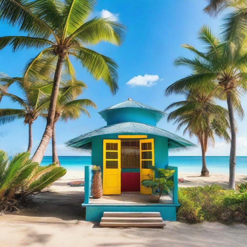 A cozy and colorful t-shirt hut located on a tropical island